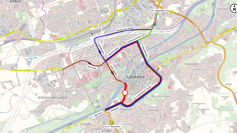 Der Verkehr der B15 wird in beide Richtungen über den Josef-Deimer-Tunnel zur Kreuzung Rennweg/Luitpoldstraße umgeleitet.