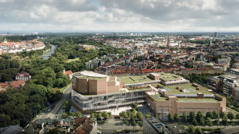 Eine Simulation des neuen Gasteig mit dem geplanten Verbindungstrakt aus der Vogelperspektive - im Hintergrund Haidhausen und der Arabellapark.