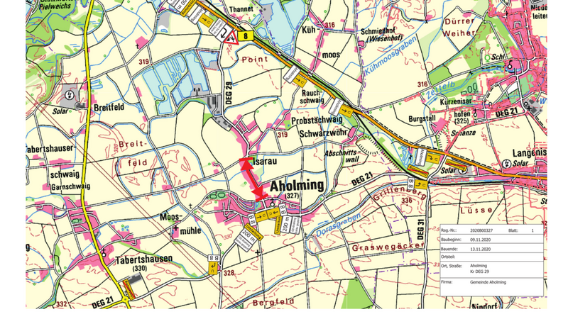 Von Montag, 9. November, bis voraussichtlich Freitag, 13. November ist die Kreisstraße DEG 29 in Aholming gesperrt.