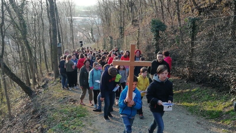 Die jungen Kreuzwegteilnehmer wallfahrteten betend den Bogenberg hinauf. Mit dabei die evangelische Pfarrerin Susanne Kim, die katholischen Gemeindereferenten (Mitte) und Pater Adam (vorn).