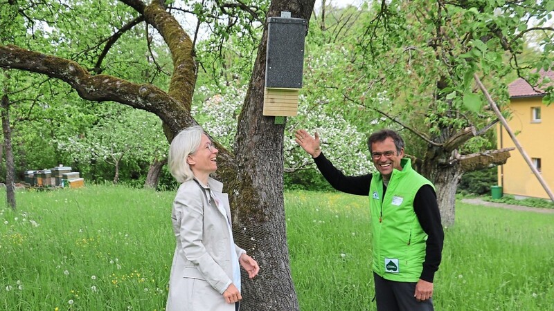 Stephanie Fleiner und Hartmut Schmid mit einem Nistkasten in Schmids Garten. Er ist zwar ein wenig zu niedrig angebracht - zwei Meter sollten es mindestens sein - aber vielleicht findet er trotzdem Bewohner.