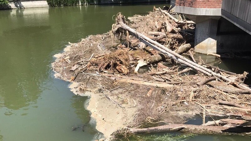 Viel Treibgut hat sich an der Heilig-Geist-Brücke angesammelt. Das soll nun mit einem Autokran entfernt werden.