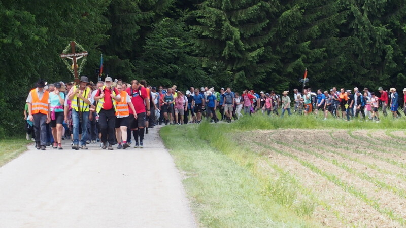 Der Pilgerzug schlängelt sich durch die Landschaft.