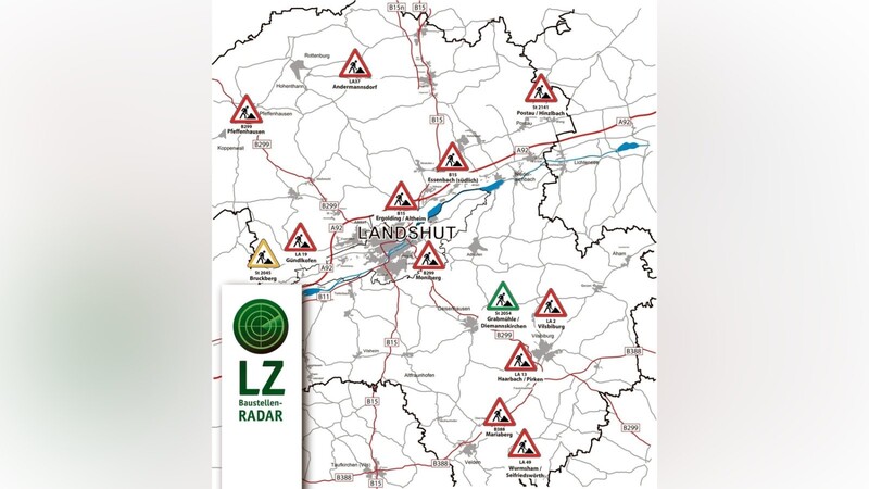 Die Karte zeigt die Baustellen in der Region. Grün markiert, sind Baustellen, die nächste Woche wieder frei sind, gelb markiert eine Baustelle, bei der noch unklar ist, wann voll gesperrt wird.