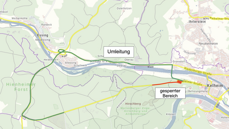 Die Kreisstraße KEH15 und die Zufahrt zur Befreiungshalle ist bis 1. April gesperrt. Es wurden Umleitungen eingerichtet.