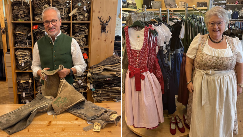 Peter Markgraf und Heidi Ingerl geben Tipps, wie man sich am Volksfest in Tracht anziehen sollte. Tennissocken und kurze Lederho