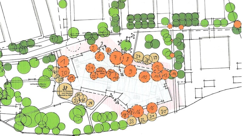 Auf dem Lageplan ist der geplante Neubau zu sehen, zudem alle Bäume im Nikola-Park: die gefällt werden müssen (orange), die nah am Baukörper liegen und damit stark gefährdet sind (hellbraun) und die erhalten werden können (hellgrün). Die dunkelgrünen Kreise könnten Ersatzbäume sein, sie existieren noch nicht.