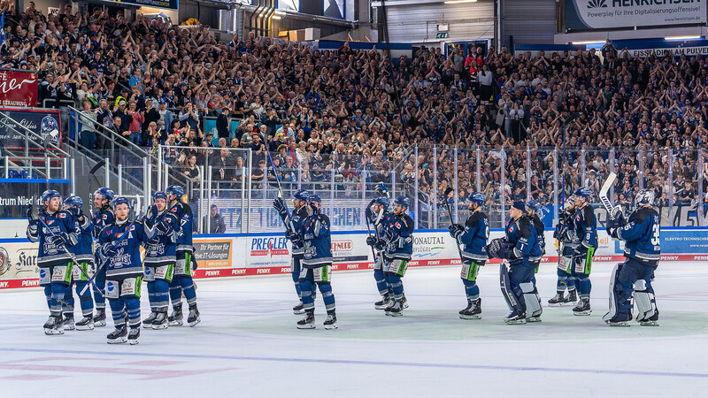 Die Spieler der Straubing Tigers laufen - eher Playoff-untypisch - eine Ehrenrunde nach dem Heimsieg im vierten Spiel der Halbfinalserie gegen die Eisbären Berlin.