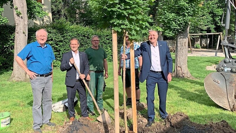 Die Vorstände Ludwig Frischmann und Manfred Gruber der VR-Bank Isar-Vils zusammen mit dem Vorsitzenden Dr. Ernst Christl vom VVVV und Stadtgärtner Bernhard Weindl beim Pflanzen eines der Bäume.