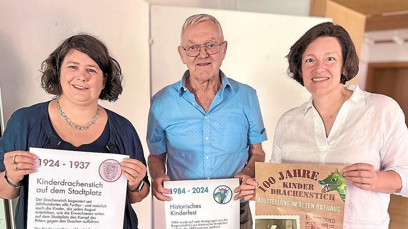 Steffi Macharowsky, Kurt Koch und Barbara Wilnhammer (Bild links, von links) haben neben Fred Wutz die Ausstellung zusammengestellt. Das Bild oben zeigt mit Martha Kolbeck und Robert Moser die älteste Aufnahme eines Kinderritterpaares. Es stammt aus dem Jahr 1924.