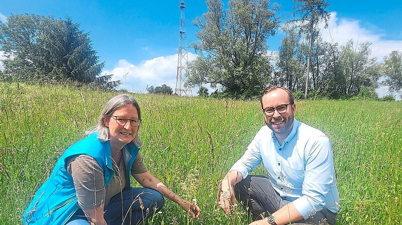 Ausgleichsflächen-Managerin Tina Schlossorsch und Benedikt Haseneder, Leiter des Amtes für Umwelt-, Klima- und Naturschutz, zeigen im Naturschutzgebiet ehemaliger Standortübungsplatz, wie sich die Ausgleichsflächen in den vergangenen Jahren entwickelt haben.