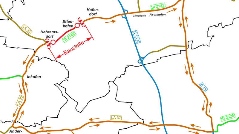 Die Umleitung führt über Ergoldsbach, Andermannsdorf und Inkofen.