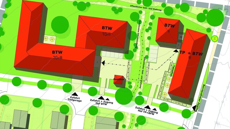 Die Planskizze der Firma Erlbau zeigt die Anordnung der Gebäude mit Dachdraufsicht. Im nördlichen Bereich entsteht zudem eine weitere Bushaltestelle.