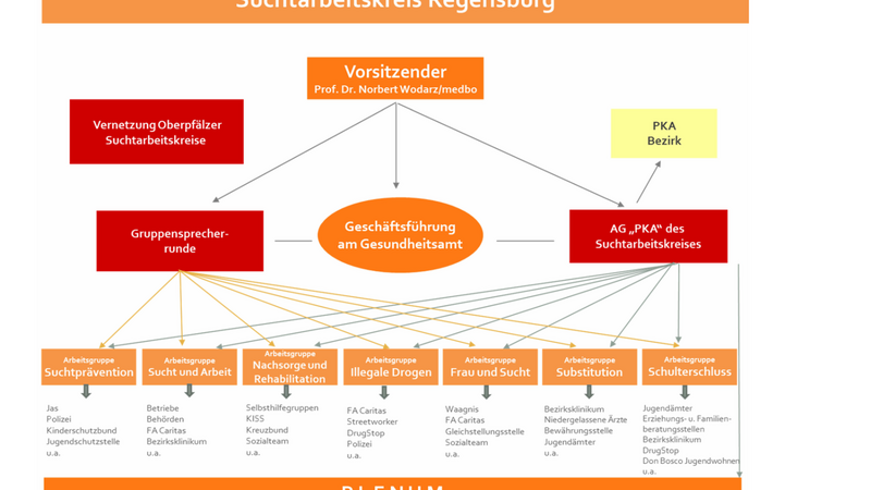 So funktioniert die Organisation des Suchtarbeitskreises Regensburg. Am Dienstagnachmittag traf sich der Arbeitskreis im virtuellen Plenum.  Grafik: Landratsamt Regensburg