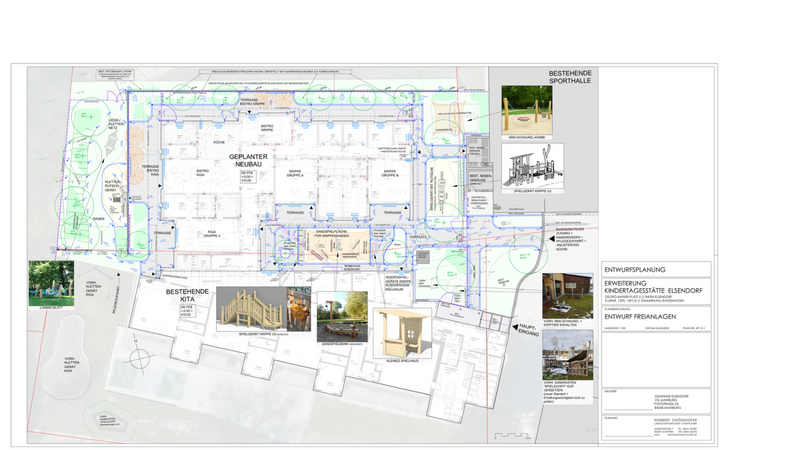 In drei Bereiche eingeteilt wurden die Außenanlagen bei der KiTa-Erweiterung - Anlagen für die KiTa selbst, eine Erweiterung für den Kindergarten und ein Eingangsbereich sind vorgesehen.