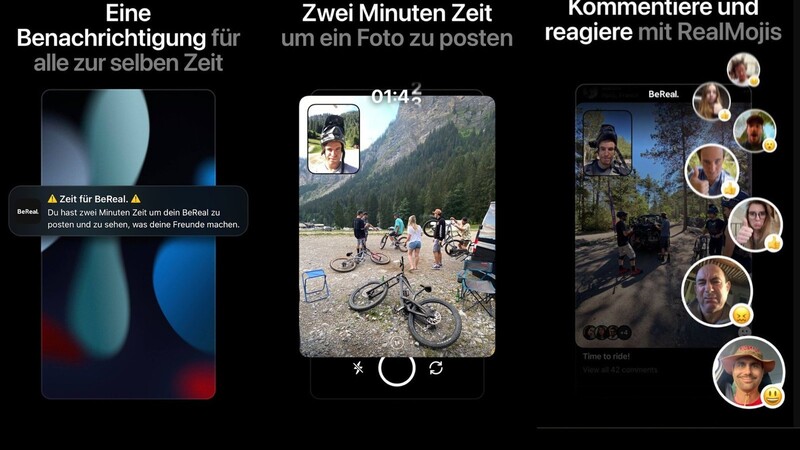 So sieht "BeReal" aus: Wer ein Foto aufnehmen möchte, hat zwei Minuten Zeit. Eine Besonderheit: Selfie-Kamera und normale Kamera sind zeitgleich aktiv.