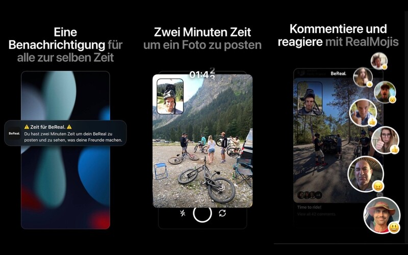 So sieht "BeReal" aus: Wer ein Foto aufnehmen möchte, hat zwei Minuten Zeit. Eine Besonderheit: Selfie-Kamera und normale Kamera sind zeitgleich aktiv. 