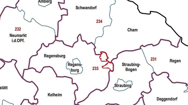 Wörth und Brennberg (rot umrandet) zählen ab 2021 zum Wahlkreis Cham/Schwandorf. Das liegt darin begründet, dass der Wahlkreis Regensburg sonst zu viele Einwohner hätte.