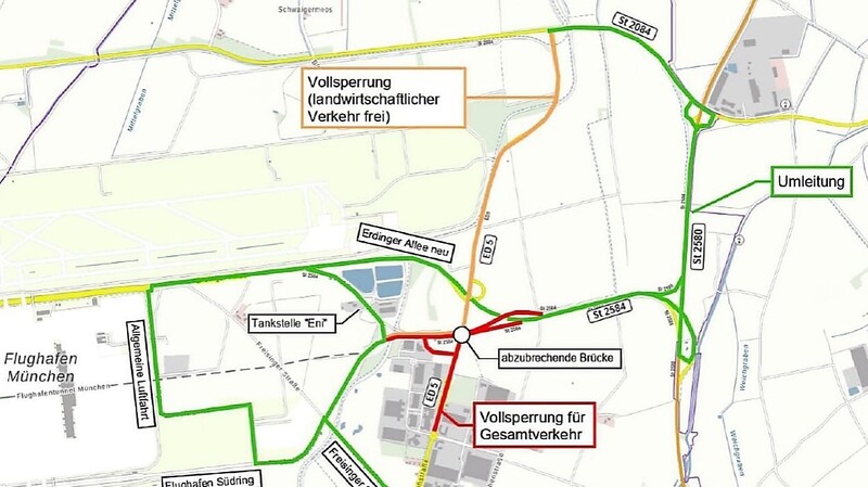 Während des Brückenabbruchs vom 23. Januar bis 3. Februar wird die Erdinger Allee (St 2584) im Bereich der ED 5 voll gesperrt.