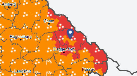 Für die roten Bereiche gilt aktuell eine Unwetterwarnung des DWD.