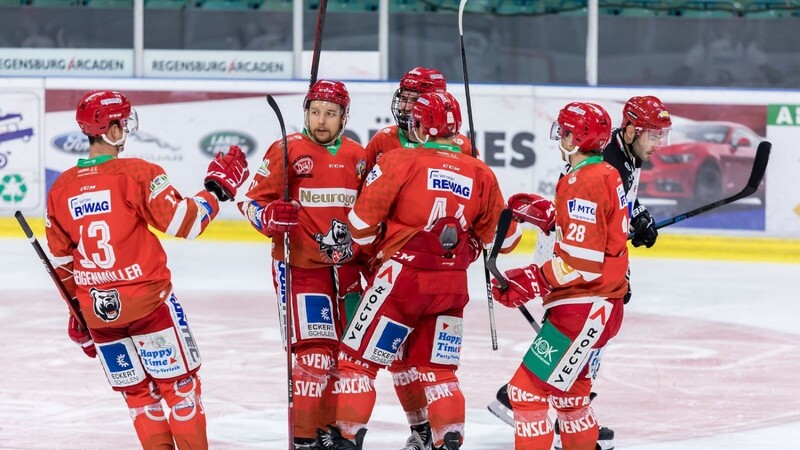 Die Spieler der Eisbären Regensburg bejubeln einen Treffer.