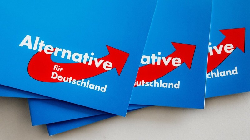 Das Logo der Alternative für Deutschland (AfD) ist am 10.09.2016 in Rendsburg (Schleswig-Holstein) auf dem Landesparteitag der AfD auf Parteibroschüren zu sehen.