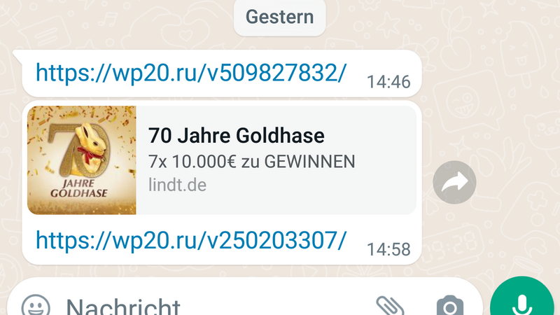 Screenshot einer WhatsApp-Nachricht mit dem Link zum falschen Lindt-Gewinnspiel: Es ist nicht der erste Betrug dieser Art.