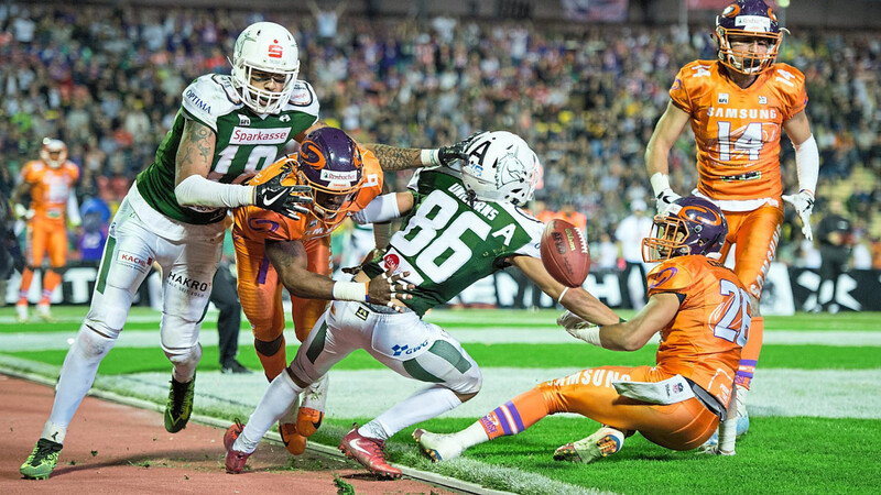 Die besten Vereine des Landes messen sich in der German Football League. Das Foto stammt aus der Begegnung der Schwäbisch Hall Unicorns gegen Samsung Frankfurt Universe in der Play-off-Runde 2018.