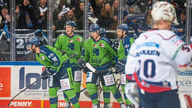 Einen Tag vor Silvester war Berlin zuletzt zu Gast in Straubing. Mit 4:3 nach Penaltyschießen gewannen die Tigers gegen den damals ziemlich taumelnden Meister - das Bild zeigt den Jubel nach dem zwischenzeitlichen 3:3 durch Joshua Samanski (3. v. l.). Inzwischen haben sich die Eisbären aber gefangen, ein Selbstläufer wird die Partie für den Tabellenvierten aus Straubing am Mittwochabend in Berlin jedenfalls nicht.