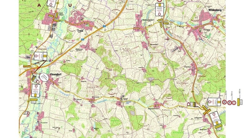 Die Umleitung erfolgt über die Bundesstraße B 301 nach St. Johann, die Abensstraße, St. Johann, Richtung Train, die Ortsdurchfahrt Train über Niederumelsdorf, die Bundesstraße B 299 bis zur Abzweigung nach Margarethenthann, durch Horneck, die Hornecker Straße in Mitterstetten und umgekehrt.