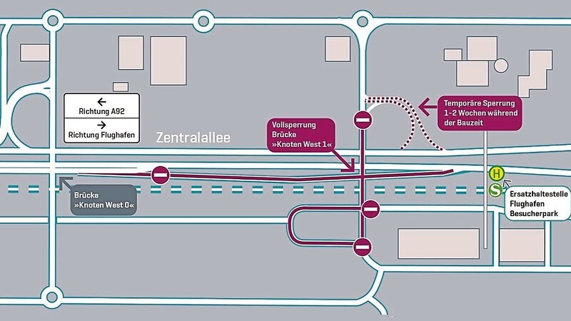 Die Brücke über die Zentralallee des Flughafens wird von Montag an voraussichtlich bis Dezember gesperrt sein.