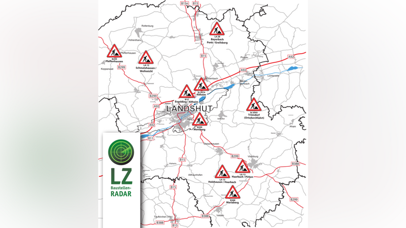 Die Karte zeigt die Baustellen an Bundes-, Staats- und Kreisstraßen im Landkreis.