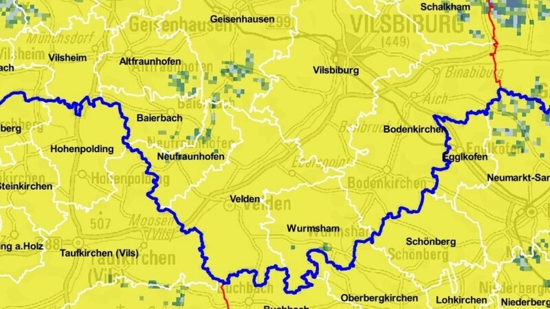 Der Ausschnitt aus der offiziellen Karte zur Sprachmobilfunkverfügbarkeit des Wirtschaftsministeriums zeigt für die Gemeinde Wurmsham mit Stand vom Juni 2018 praktisch keine unversorgten Gebiete auf (die gelb dargestellten Flächen gelten als versorgte Gebiete). Im Auftrag der Gemeinde erhobene Daten stellen die Sachlage anders dar.